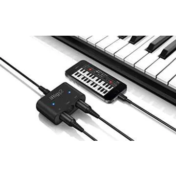 IK Multimedia iRig MIDI 2 universal MIDI interface with In, Out, and THRU ports, activity indicators for iPhone, iPad, Android, Mac, PC