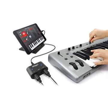 IK Multimedia iRig MIDI 2 universal MIDI interface with In, Out, and THRU ports, activity indicators for iPhone, iPad, Android, Mac, PC