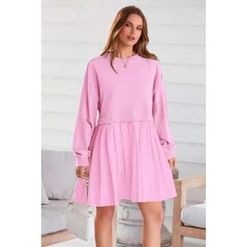 PRETTYGARDEN Women Pullover Sweatshirt Dress Long Sleeve Crew Neck Patchwork Ruffle Flowy Short Dresses (Pink,Large)