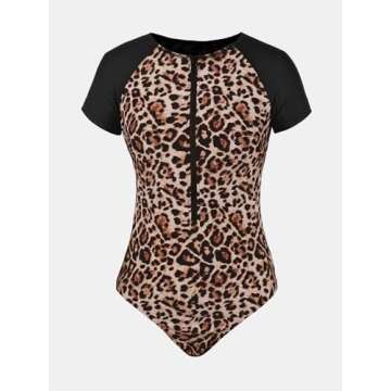 CUPSHE Women's One Piece Swimsuit High Neck Zipper Short Sleeve Bathing Suit, M Leopard/Black
