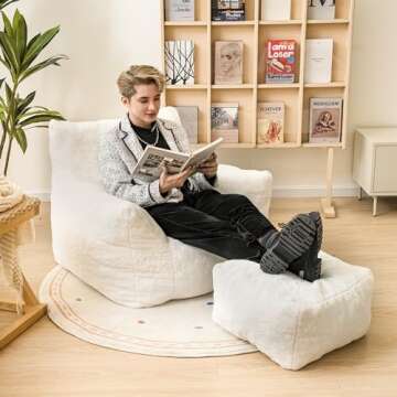 Cvortll Bean Bag Chair with Ottoman, Armrest Bean Bag Chair with Filler, Ultra Soft Fluffy Faux Fur Bean Bag Chair with Foot Rest, Plush Lazy Sofa with Foot Stool for Living Room, Dorm