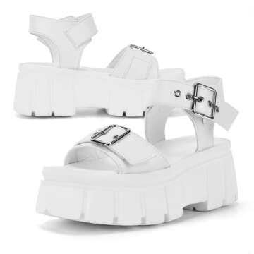 TIANXICO Women's Chunky Platform Sandals,Lug Sole Goth Sandals Open Toe Punk White Platform Sandals With Multi Buckle (LILU3-WH US7)