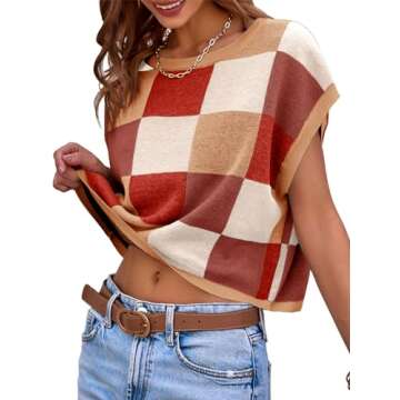 Saodimallsu Womens Cap Sleeve Crop Tops Summer Color Block Going Out Crew Neck Knit Trendy Casual Sweater Brown