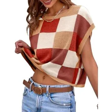 Saodimallsu Womens Cap Sleeve Crop Tops Summer Color Block Going Out Crew Neck Knit Trendy Casual Sweater Brown