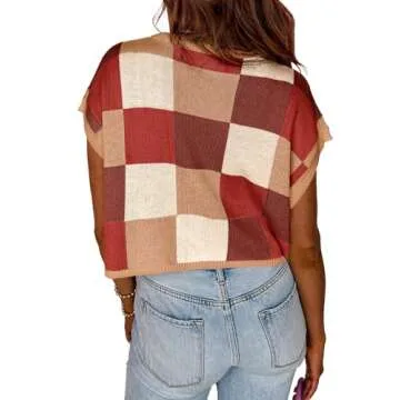 Saodimallsu Womens Cap Sleeve Crop Tops Summer Color Block Going Out Crew Neck Knit Trendy Casual Sweater Brown