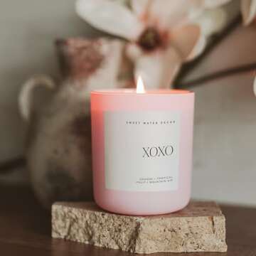 Sweet Water Decor XOXO Scented Candles - Soy Candles with Tropical Fruits, Lemons & Redolent with Lightly Exotic Mountains Greens - Candle Wax with 70 Hours Burn Time - 15Oz Pink Matte Jar Candles