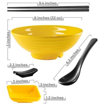 Unbreakable Ramen Bowl Set with Chopsticks and Spoon: 2 large Japanese Style Melamine Ramen Bowls, D...