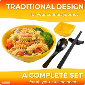Unbreakable Ramen Bowl Set with Chopsticks and Spoon: 2 large Japanese Style Melamine Ramen Bowls, Dipping Bowls and Chopstick Stands for Asian Pho Soup Thai Miso Udon Wonton (2 Bowl Set, Yellow)
