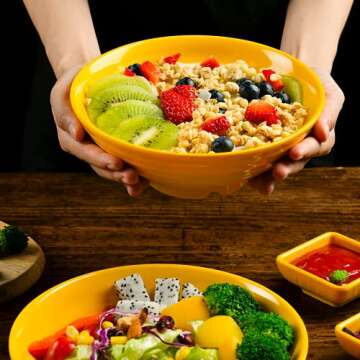 Unbreakable Ramen Bowl Set with Chopsticks and Spoon: 2 large Japanese Style Melamine Ramen Bowls, Dipping Bowls and Chopstick Stands for Asian Pho Soup Thai Miso Udon Wonton (2 Bowl Set, Yellow)