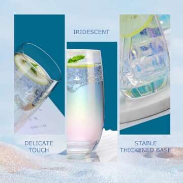 CUKBLESS Iridescent Drinking Glasses Set of 6 ，Crystal Highball Water Glasses，Glass Cups for Water, Juice, Beverage, Mojito，13 Oz