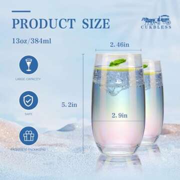 CUKBLESS Iridescent Drinking Glasses Set of 6 ，Crystal Highball Water Glasses，Glass Cups for Water, Juice, Beverage, Mojito，13 Oz