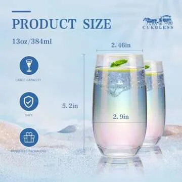 CUKBLESS Iridescent Drinking Glasses Set of 6 ，Crystal Highball Water Glasses，Glass Cups for Water, Juice, Beverage, Mojito，13 Oz