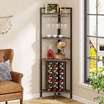 Tribesigns Corner Wine Rack with Glass Holder and Storage Shelves, 4 Tier Corner Bar Corner Wine Cab...