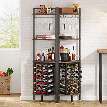 Tribesigns Corner Wine Rack with Glass Holder and Storage Shelves, 4 Tier Corner Bar Corner Wine Cabinet, Industrial Corner Wine Shelf for Living Room, Small Space (Brown)