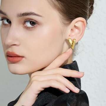 Follome 18K Gold Plated Heart Earrings for Women Gold Heart Studs Puffy Heart Shaped Earring Chunky ...
