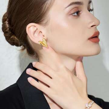 Follome 18K Gold Plated Heart Earrings for Women Gold Heart Studs Puffy Heart Shaped Earring Chunky Heart Statement Earrings
