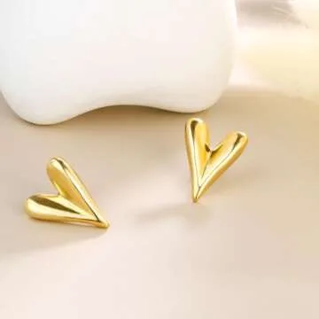 Follome 18K Gold Plated Heart Earrings for Women Gold Heart Studs Puffy Heart Shaped Earring Chunky Heart Statement Earrings