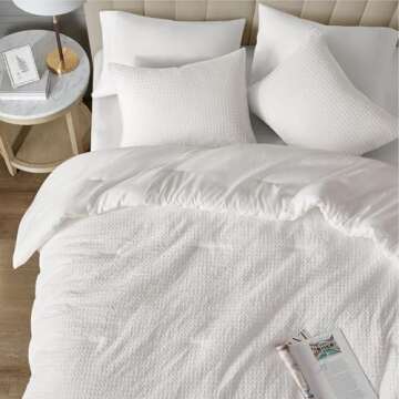White Waffle Weave Comforter Set Queen Size - Soft Neutral Textured Waffle Comforter, All Season Lightweight Breathable Ivory Bedding Set, 3 Pieces Including 1 Comforter and 2 Pillow Shams