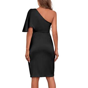LYANER Women's Satin Silky Ruffle One Shoulder Ruched Split Wrap Front Cocktail Midi Bodycon Dress Black X-Large