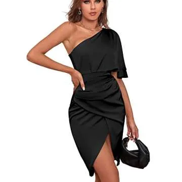 LYANER Women's Satin Silky Ruffle One Shoulder Ruched Split Wrap Front Cocktail Midi Bodycon Dress Black X-Large