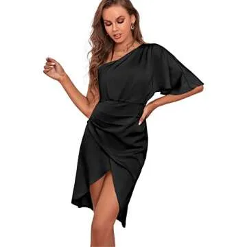 LYANER Women's Satin Silky Ruffle One Shoulder Ruched Split Wrap Front Cocktail Midi Bodycon Dress Black X-Large