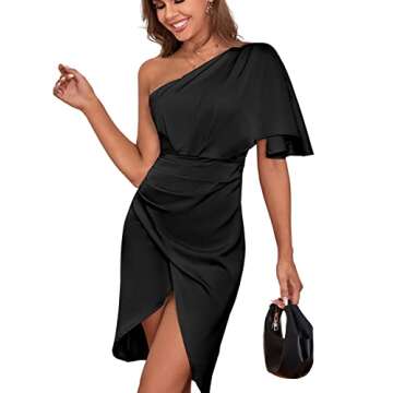 LYANER Women's Satin Silky Ruffle One Shoulder Ruched Split Wrap Front Cocktail Midi Bodycon Dress Black X-Large