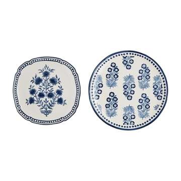 Mud Pie Small 10 3/4" x 11" | Large 12 3/4" Dia Block Print Nested Platter, Blue