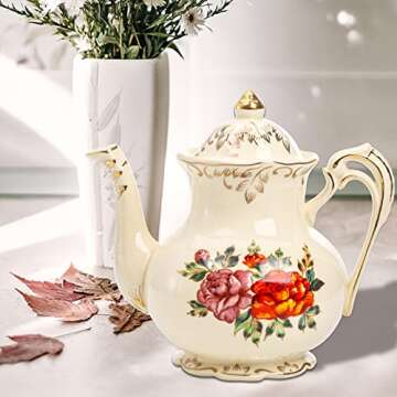 Okllen Vintage Floral Teapot with Gold Leaf Edge - 29 Oz