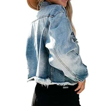 LONGYIDA Denim Jackets for Women Button Down Cropped Frayed Jean Jacket Long Sleeve Distressed Ripped Denim Jacket Coat(Light Blue,M)