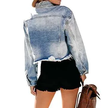 LONGYIDA Denim Jackets for Women Button Down Cropped Frayed Jean Jacket Long Sleeve Distressed Ripped Denim Jacket Coat(Light Blue,M)