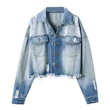 LONGYIDA Denim Jackets for Women Button Down Cropped Frayed Jean Jacket Long Sleeve Distressed Ripped Denim Jacket Coat(Light Blue,M)