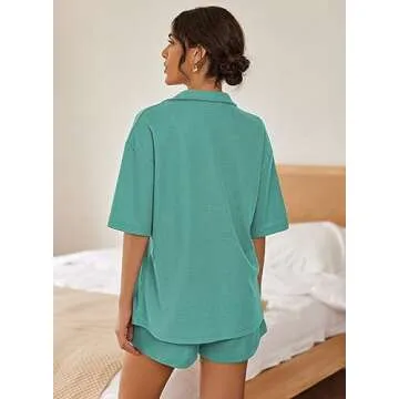 Ekouaer Pajamas for Women Button Up Lounge Set Waffle Knit Loungewear Short Sleeve Pjs 2 Piece Sleepwear Shorts Set Gray Green