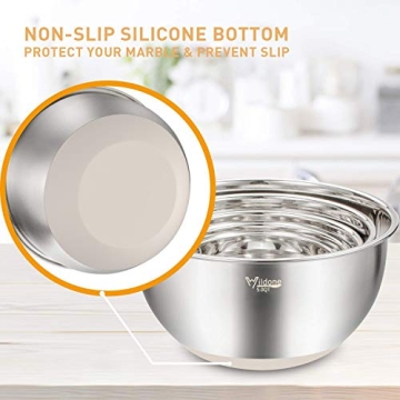 Wildone Mixing Bowls with Lids Set, 5PCS Stainless Steel Khaki Nesting Bowls with 3 Grater Attachments, Measurement Marks & Non-Slip Bottoms, Size 5, 3, 2, 1.5, 0.63 QT, Great for Mixing & Serving