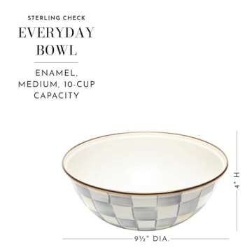MACKENZIE-CHILDS Enamel Everyday Bowl, Serving Bowl for Entertaining, Medium, Gray-and-White Sterling Check