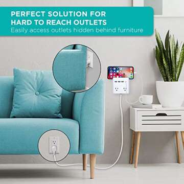 iHome Power Reach Multiple Plug Outlet Extender with 2 Outlets, 4-Port USB Wall Charger (1 USB C, 3X USB A), 6 Ft Extension Cord and Magnetic Wall Mount, White