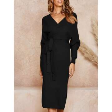 Chang Yun Women's Long Maxi Sweater Dresses Sexy Wrap Batwing V Neck Slit Open Back Holiday Bodycon Dress with Belt