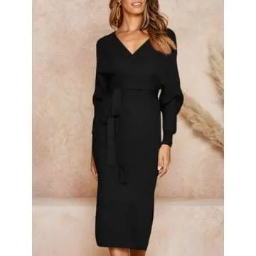 Chang Yun Women's Long Maxi Sweater Dresses Sexy Wrap Batwing V Neck Slit Open Back Holiday Bodycon Dress with Belt