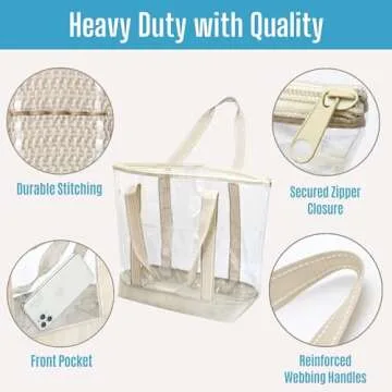 VENO 2 Packs Clear Bag Transparent Vinyl PVC Tote, Outdoor, Beach, Pool (Set of 2, Beige)