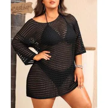 Pinup Fashion Plus Size Cover-Up Swimwear Crochet Black Swimsuit Coverup Hollow Out Knit Beach Dress 14W-24W