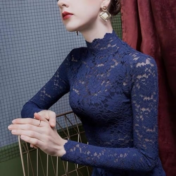 Floral Lace Mesh Top Long Sleeve Embroidery for Women