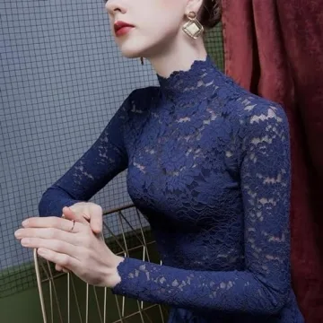 Floral Lace Mesh Top Long Sleeve Embroidery for Women