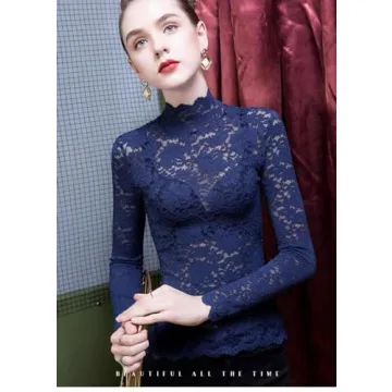 Floral Lace Mesh Top Long Sleeve Embroidery for Women