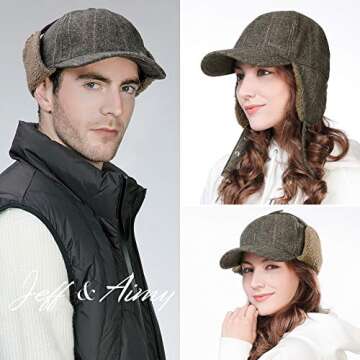 Jeff & Aimy Tweed Wool Mens Winter Hat Womens Baseball Cap Fleece Ear Flaps Muffs Warm Lined Trapper...