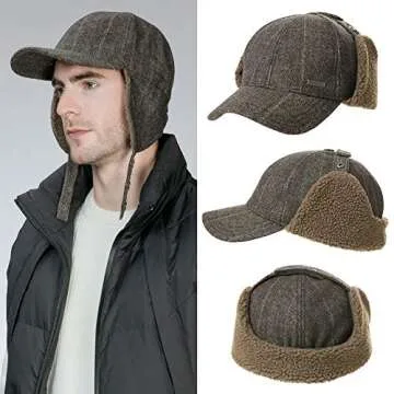 Jeff & Aimy Tweed Wool Mens Winter Hat Womens Baseball Cap Fleece Ear Flaps Muffs Warm Lined Trapper Hunting Chavo Del Cold Weather Brown