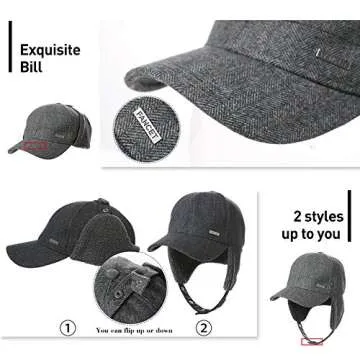 Jeff & Aimy Tweed Wool Mens Winter Hat Womens Baseball Cap Fleece Ear Flaps Muffs Warm Lined Trapper Hunting Chavo Del Cold Weather Brown