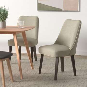 Martha Stewart Holls A Pair Dining Chairs Swoop Arm, Curved Upholstered Back, Round Piping, Foam Seat Cushion, Modern Kitchen Furniture, Dark Finished Solid Wood Legs, 35" H, Beige 2 Piece