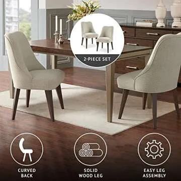 Martha Stewart Holls A Pair Dining Chairs Swoop Arm, Curved Upholstered Back, Round Piping, Foam Seat Cushion, Modern Kitchen Furniture, Dark Finished Solid Wood Legs, 35" H, Beige 2 Piece