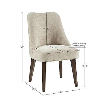 Martha Stewart Holls A Pair Dining Chairs Swoop Arm, Curved Upholstered Back, Round Piping, Foam Seat Cushion, Modern Kitchen Furniture, Dark Finished Solid Wood Legs, 35" H, Beige 2 Piece
