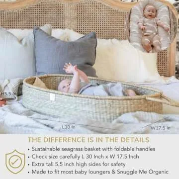 BEBE BASK Premium Baby Changing Basket - Artisan-Crafted Seagrass With Extra High Sides - Changing Basket for Baby Dresser - All Accessories Included - Complete Set for Nursery (Natural)