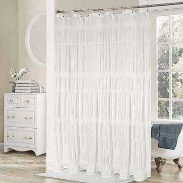 Seasonwood White Shower Curtain Farmhouse Shower Curtain Rustic Striped Cotton Blend Fabric Shower Curtain Heavy Weighted Bathroom Decor, 72 x 72